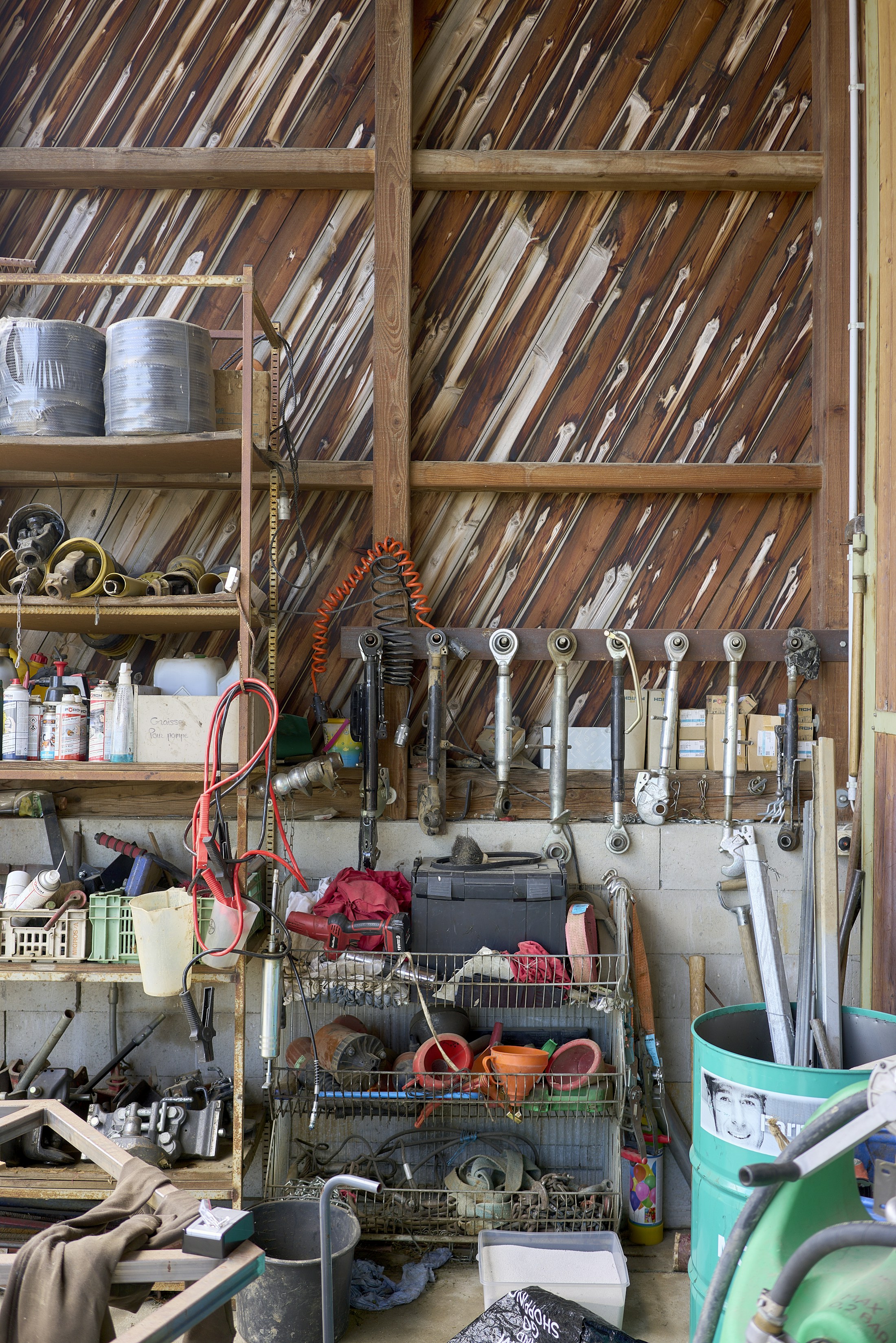 Timber work table with tools